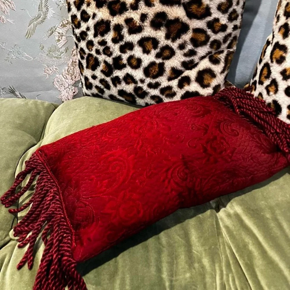 Vintage burgundy Embossed fringe Decorative Throw Pillow with Tassels